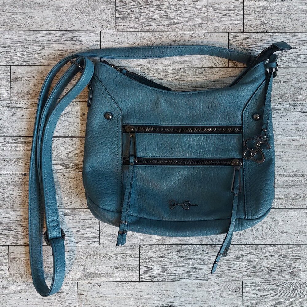 Slate Blue Jessica Simpson Crossbody Bag; zip top and front pockets